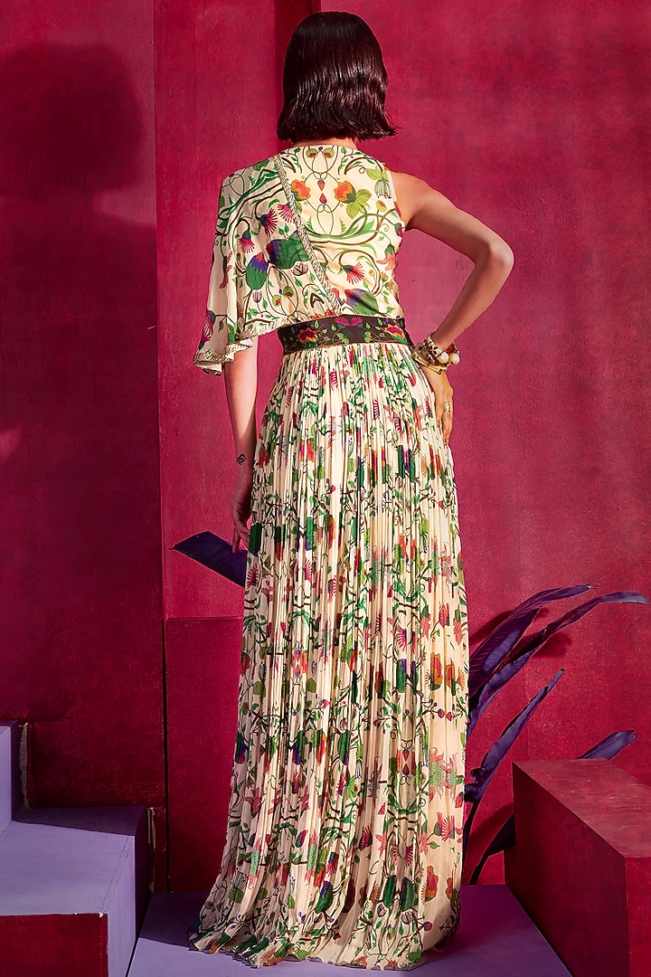Beige Printed & Embroidered Party Wear Gown Saree by Limerick By Abirr N' Nanki at Pernia's Pop Up Shop