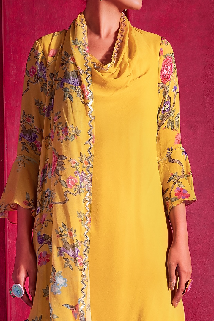 Yellow Printed & Embroidered Tunic Set by Limerick By Abirr N' Nanki at Pernia's Pop Up Shop