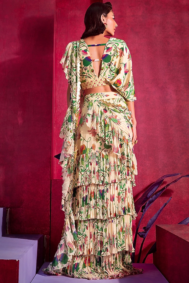 Peach Printed & Embroidered Pre-Draped Wedding Saree Set by Limerick By Abirr N' Nanki at Pernia's Pop Up Shop