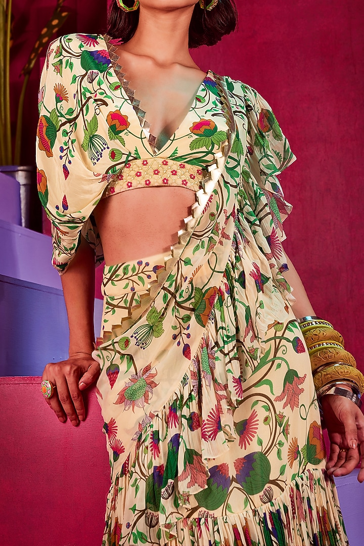 Peach Printed & Embroidered Pre-Draped Wedding Saree Set by Limerick By Abirr N' Nanki at Pernia's Pop Up Shop