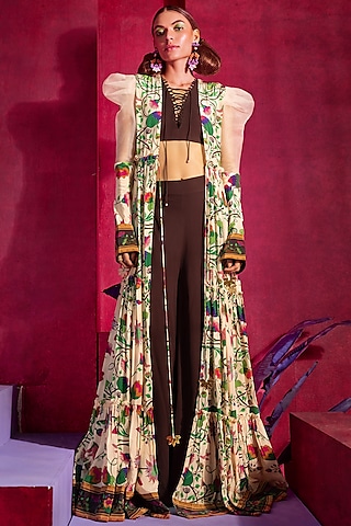 Peach Printed Jacket Set by Limerick By Abirr N' Nanki