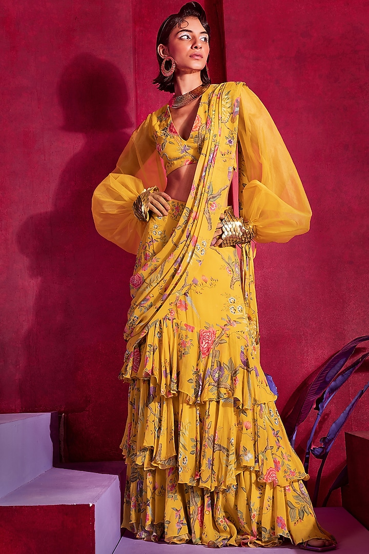 Yellow Georgette Printed & Embroidered Pre-Draped Saree Set by Limerick By Abirr N' Nanki