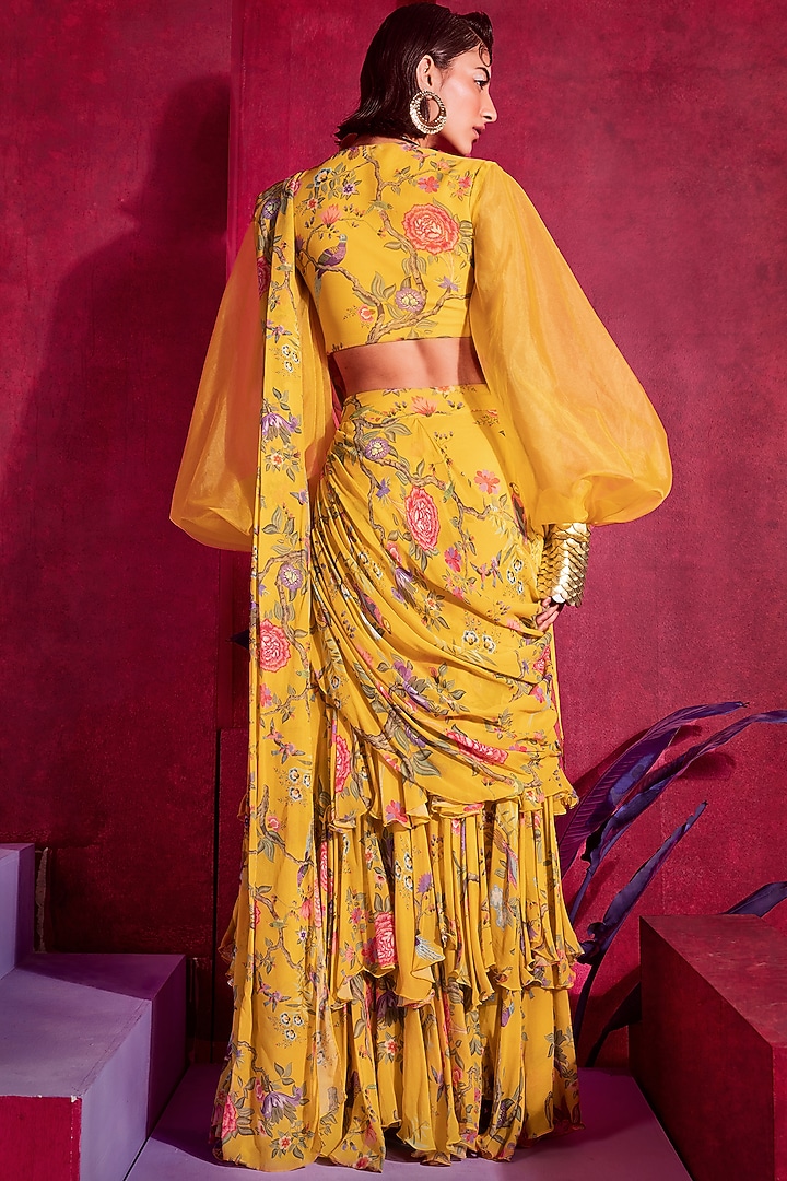 Yellow Georgette Printed & Embroidered Pre-Draped Wedding Saree Set by Limerick By Abirr N' Nanki at Pernia's Pop Up Shop