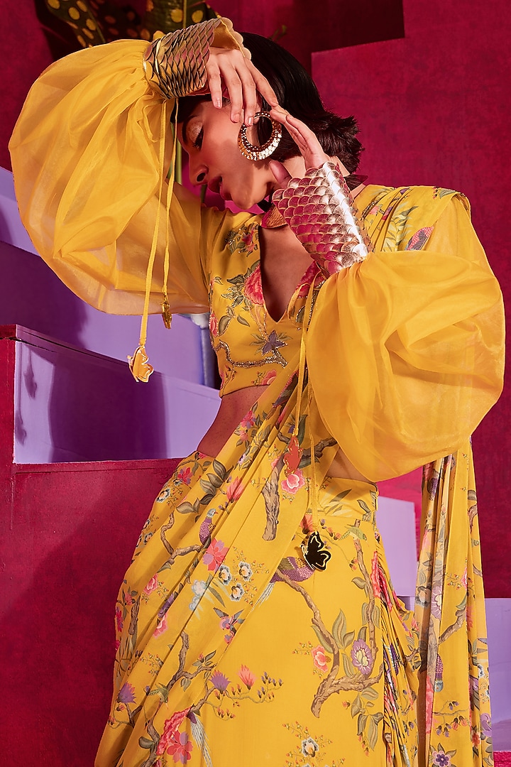 Yellow Georgette Printed & Embroidered Pre-Draped Wedding Saree Set by Limerick By Abirr N' Nanki at Pernia's Pop Up Shop
