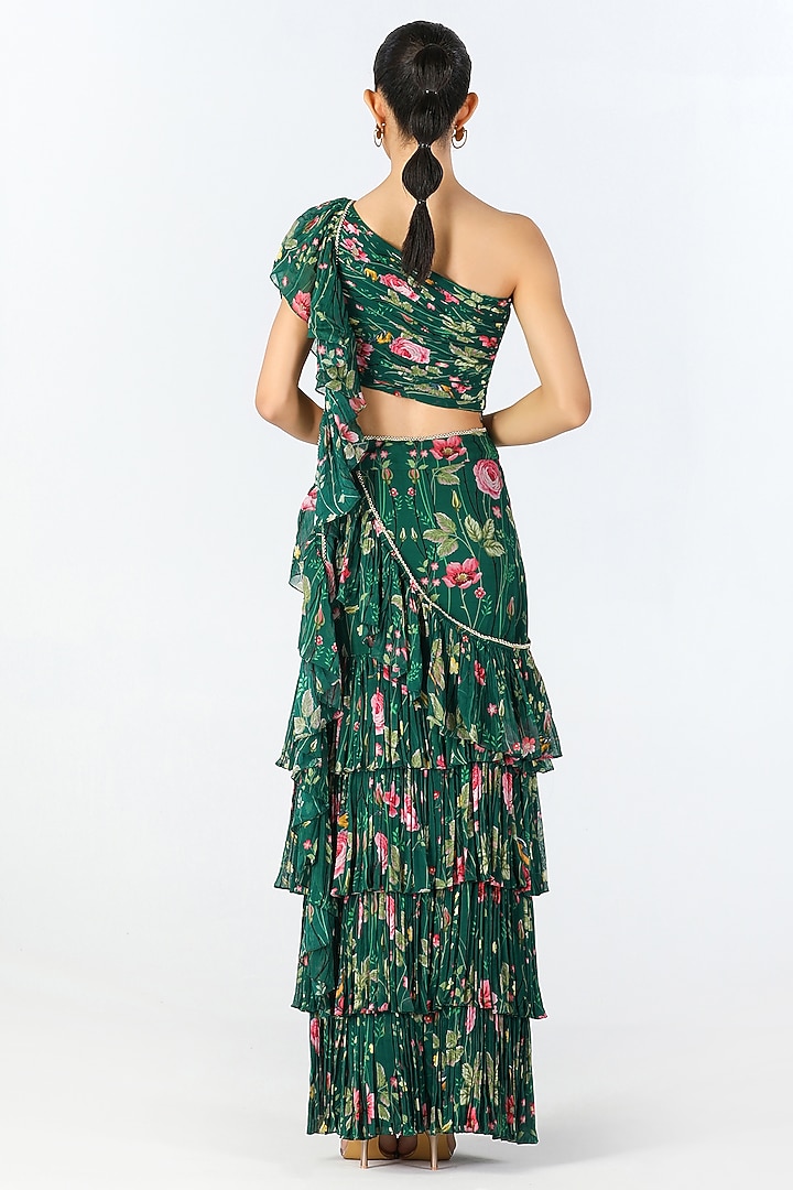 Emerald Georgette Pre-Draped Skirt Wedding Saree Set by Limerick By Abirr N' Nanki at Pernia's Pop Up Shop