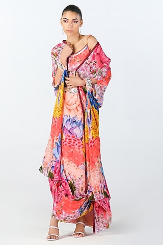 Multi-Colored Georgette Printed Draped Skirt Set by Limerick By Abirr N' Nanki