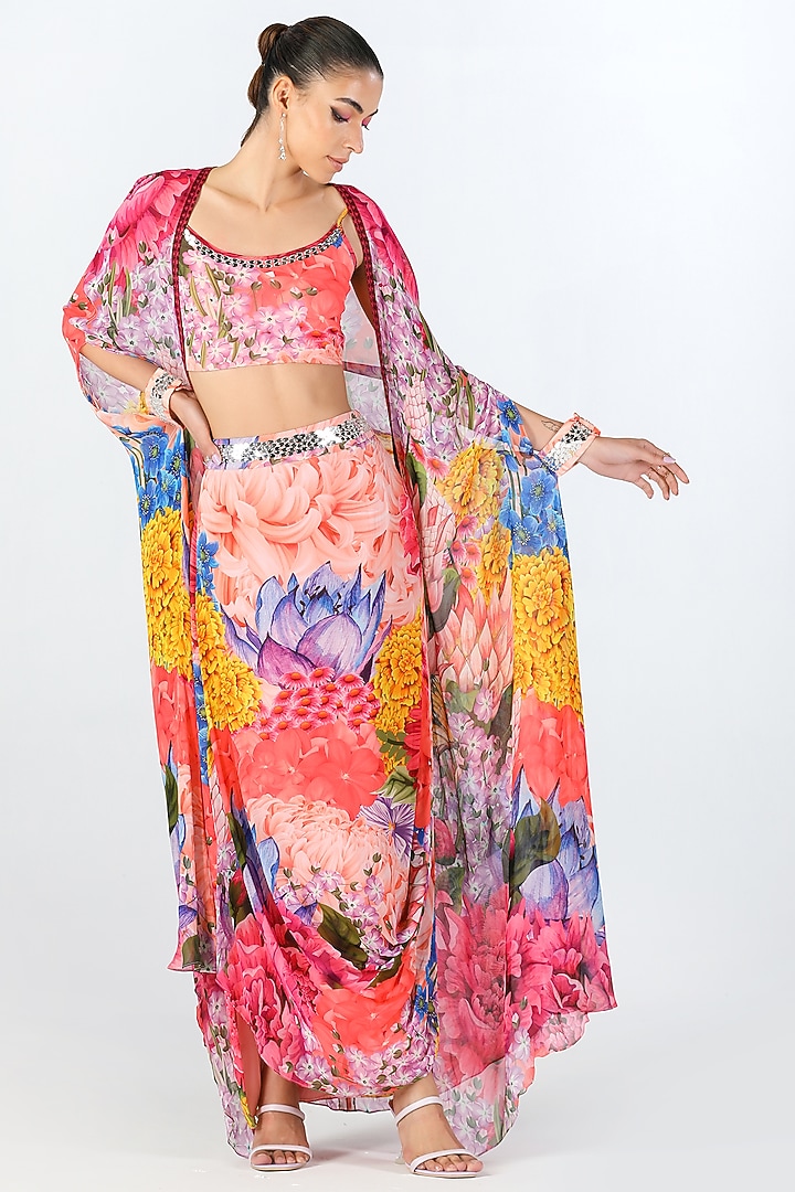 Multi-Colored Georgette Printed Draped Skirt Set by Limerick By Abirr N' Nanki at Pernia's Pop Up Shop