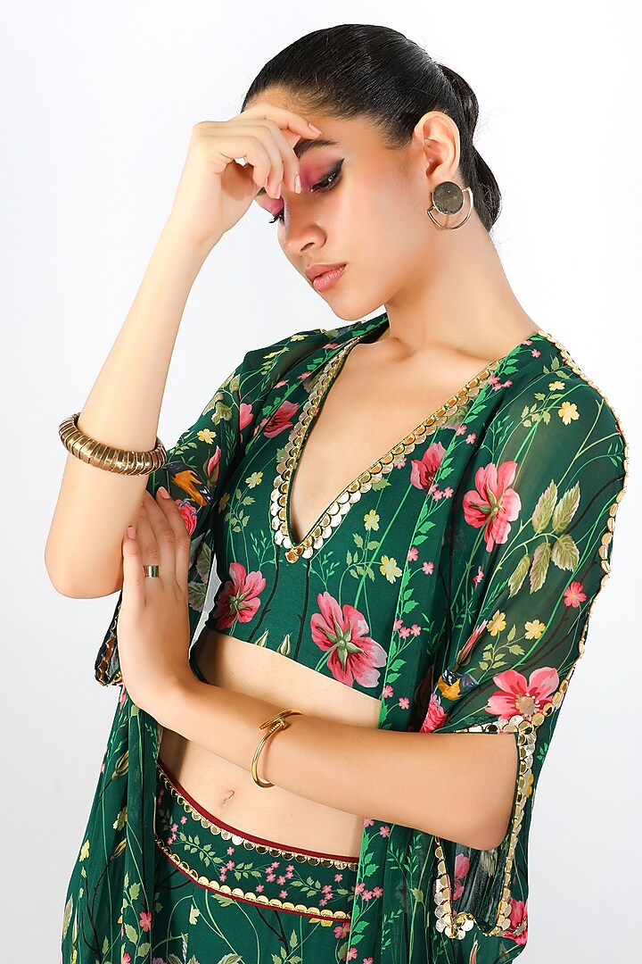 Green Georgette Printed Cape Set by Limerick By Abirr N' Nanki at Pernia's Pop Up Shop