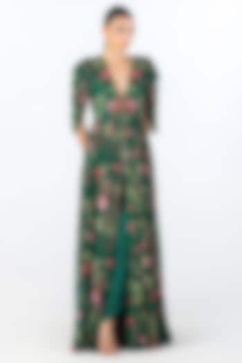 Green Georgette Printed Maxi Dress With Dhoti Pants by Limerick By Abirr N' Nanki