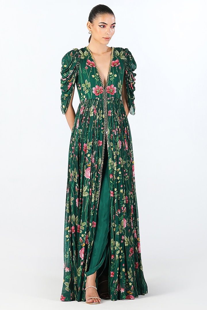 Green Georgette Printed Maxi Dress With Dhoti Pants Design by Limerick ...
