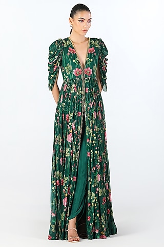 Green Georgette Printed Maxi Dress With Dhoti Pants by Limerick By Abirr N' Nanki