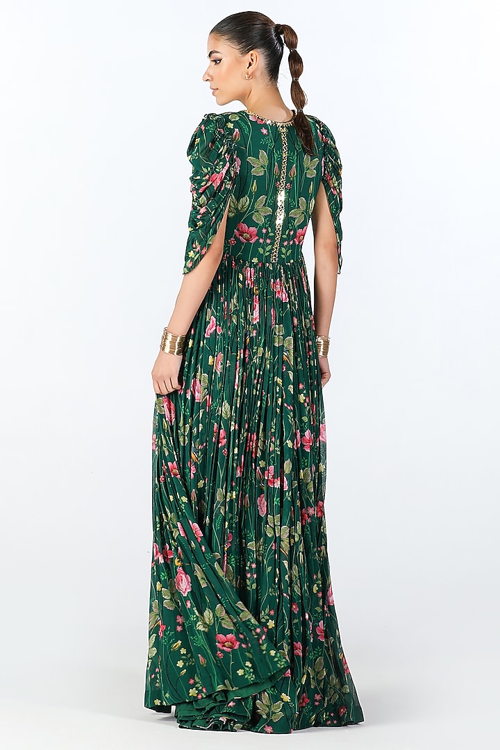 Green Georgette Printed Maxi Cocktail Dress With Dhoti Pants by Limerick By Abirr N' Nanki at Pernia's Pop Up Shop