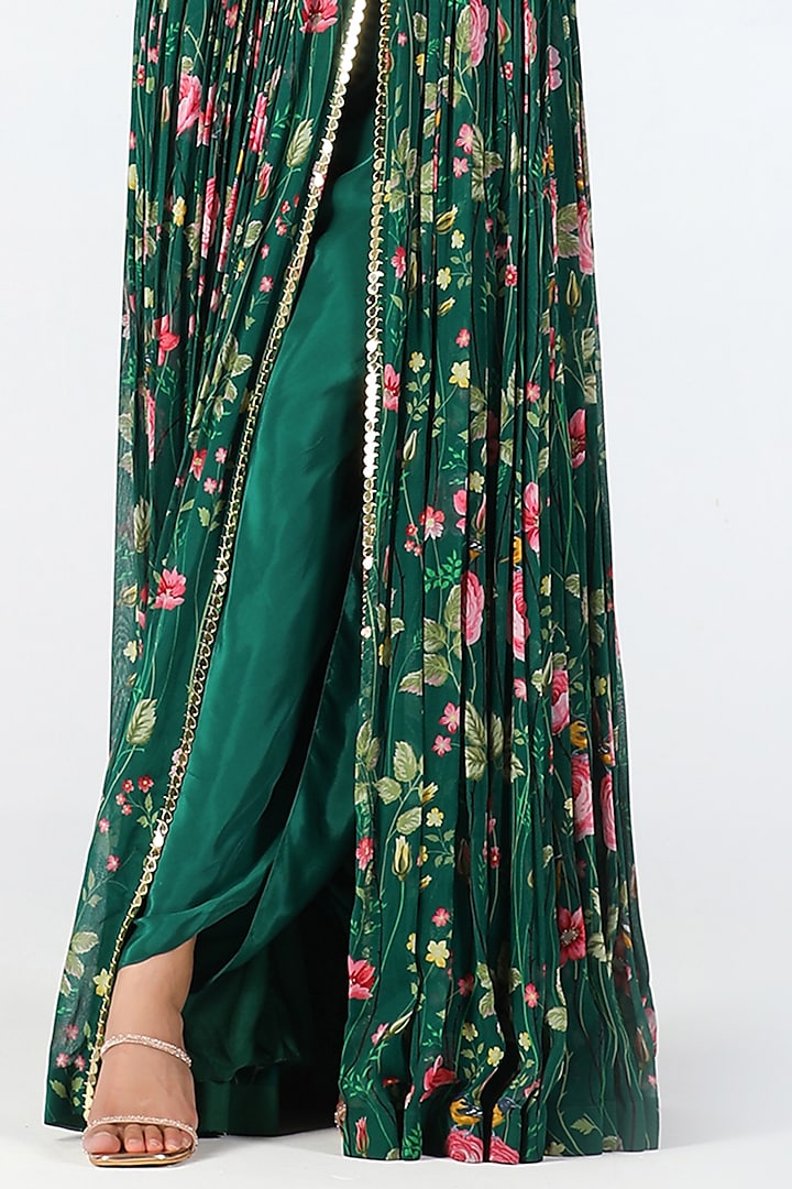 Green Georgette Printed Maxi Cocktail Dress With Dhoti Pants by Limerick By Abirr N' Nanki at Pernia's Pop Up Shop