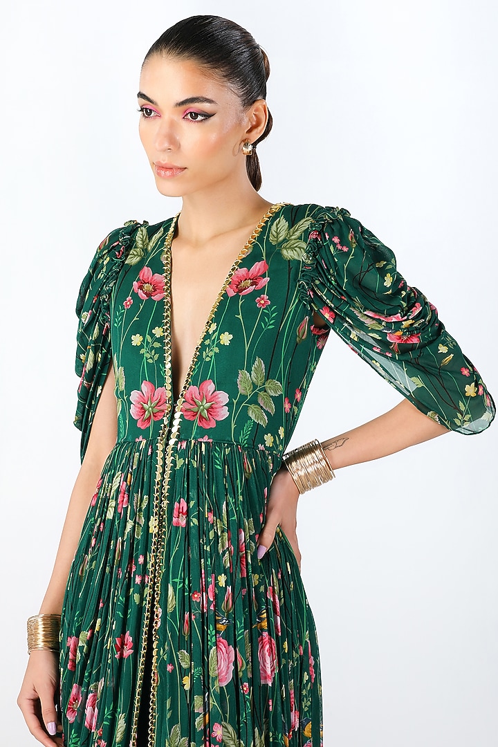 Green Georgette Printed Maxi Cocktail Dress With Dhoti Pants by Limerick By Abirr N' Nanki at Pernia's Pop Up Shop