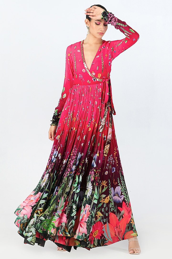 Fuchsia Georgette Printed Overlapping Dress by Limerick By Abirr N' Nanki