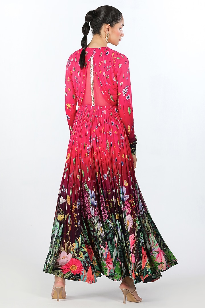 Fuchsia Georgette Printed Overlapping Cocktail Dress by Limerick By Abirr N' Nanki at Pernia's Pop Up Shop