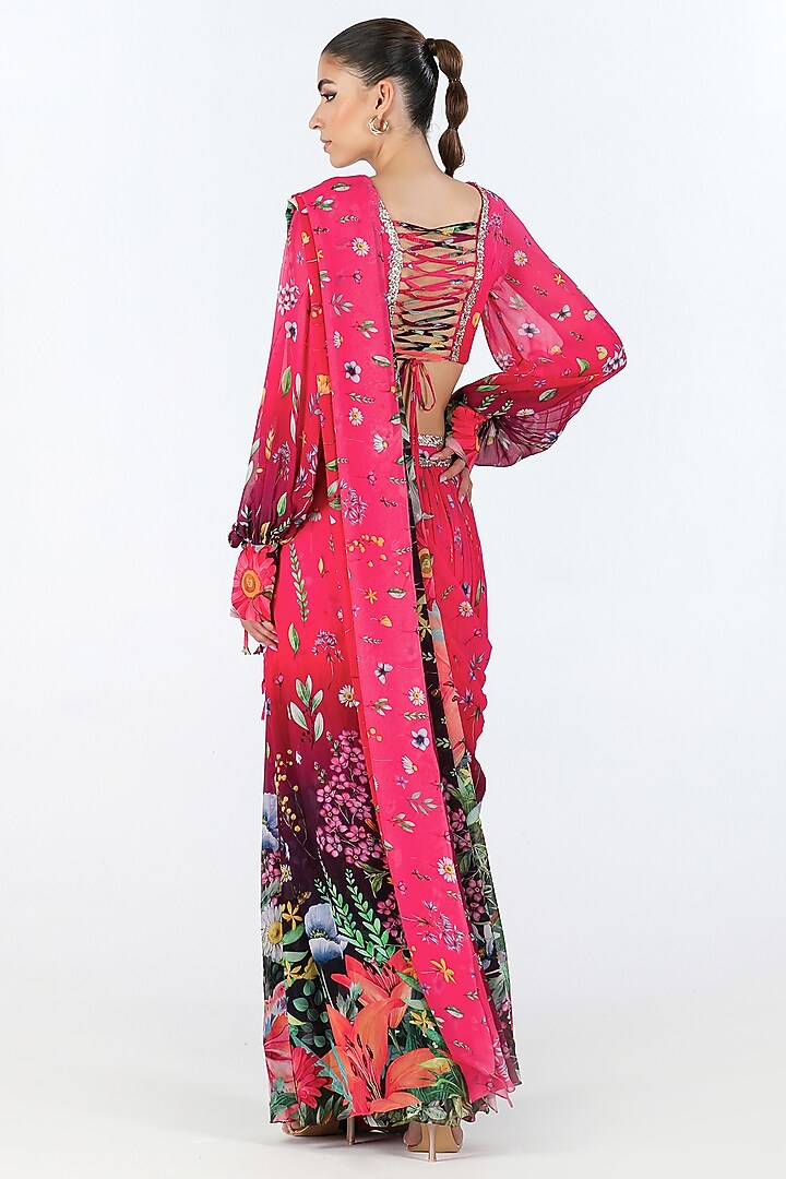Fuchsia Georgette Printed Pre-Draped Wedding Saree Set by Limerick By Abirr N' Nanki at Pernia's Pop Up Shop
