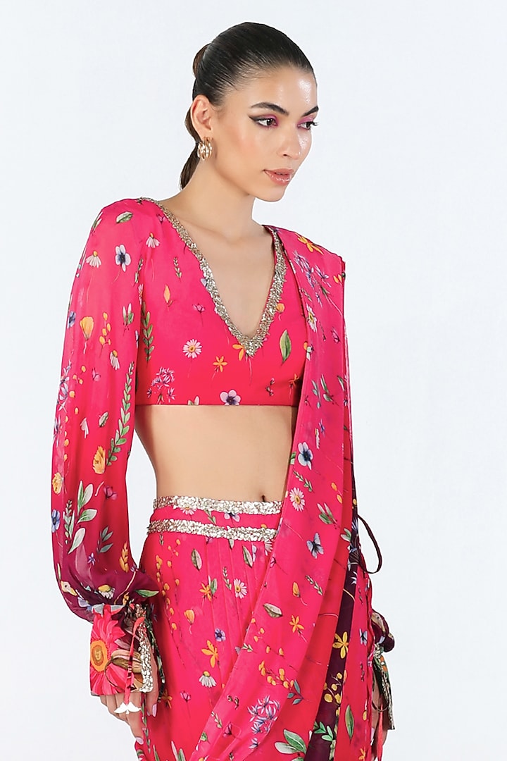 Fuchsia Georgette Printed Pre-Draped Wedding Saree Set by Limerick By Abirr N' Nanki at Pernia's Pop Up Shop