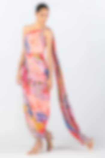 Multi-Colored Georgette Printed Draped Dress by Limerick By Abirr N' Nanki at Pernia's Pop Up Shop