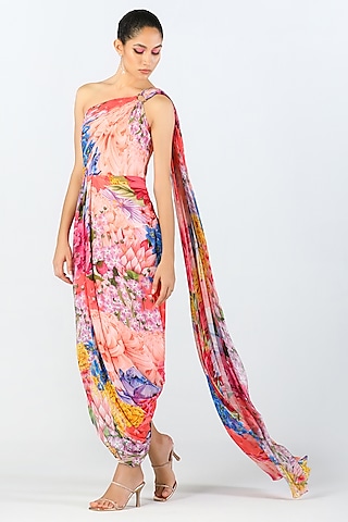 Multi-Colored Georgette Printed Draped Dress by Limerick By Abirr N' Nanki