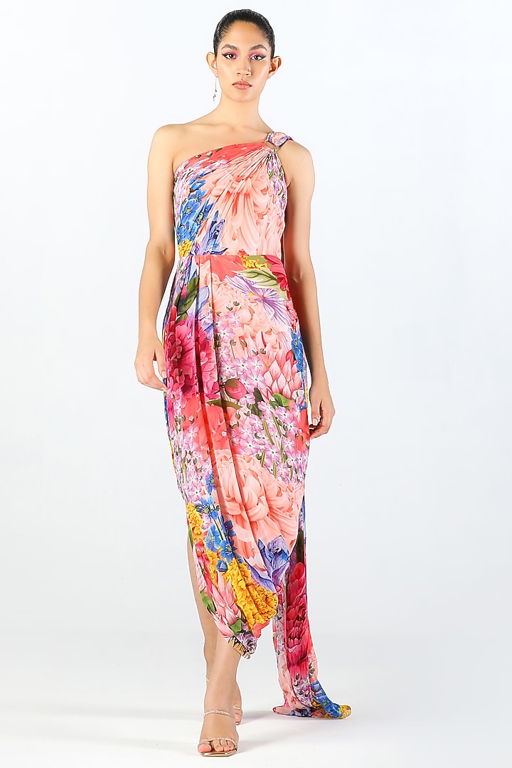 Multi-Colored Georgette Printed Draped Vacation Dress by Limerick By Abirr N' Nanki at Pernia's Pop Up Shop