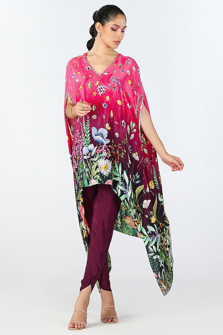 Fuchsia Crepe Hand Embroidered & Printed Kaftan Set by Limerick By Abirr N' Nanki at Pernia's Pop Up Shop