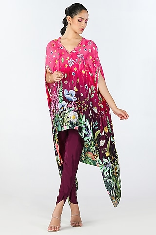 Fuchsia Crepe Hand Embroidered & Printed Kaftan Set by Limerick By Abirr N' Nanki