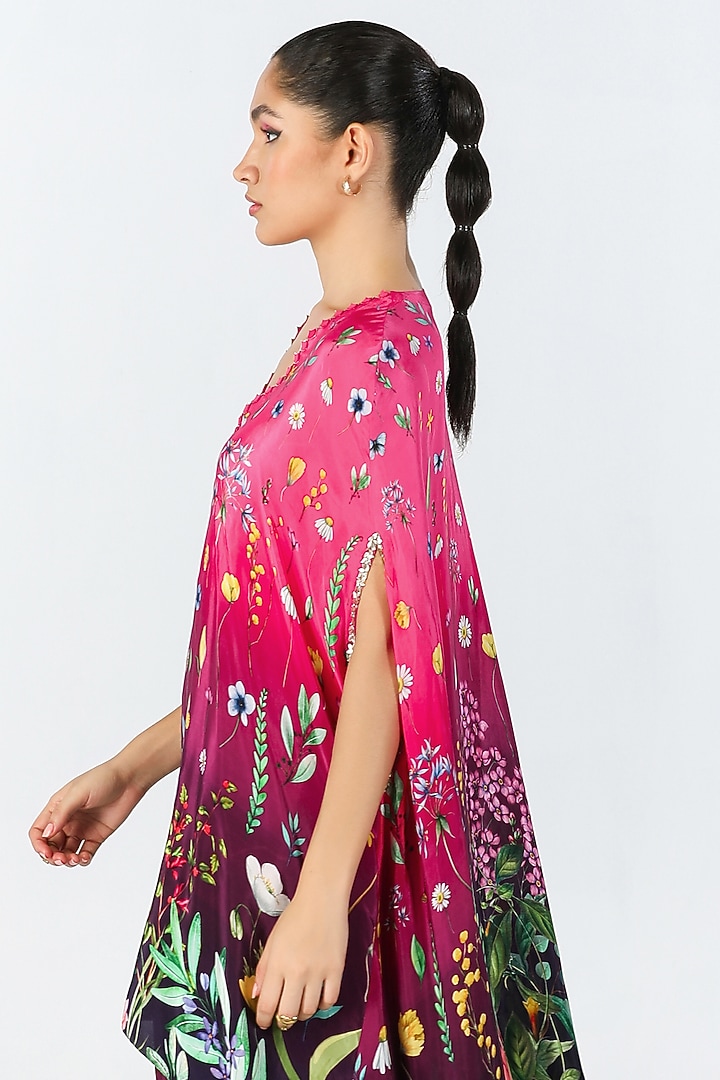 Fuchsia Crepe Hand Embroidered & Printed Kaftan Set by Limerick By Abirr N' Nanki at Pernia's Pop Up Shop