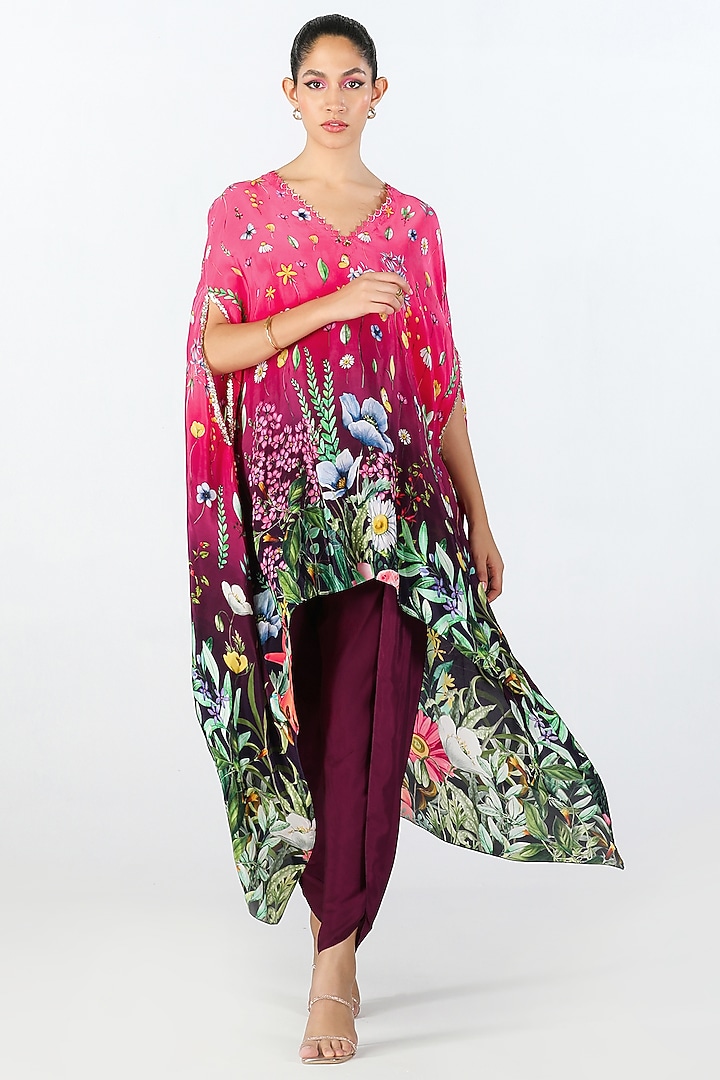 Fuchsia Crepe Hand Embroidered & Printed Kaftan Set by Limerick By Abirr N' Nanki at Pernia's Pop Up Shop