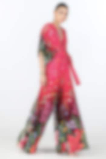 Fuchsia Georgette Hand Embroidered & Printed Jumpsuit by Limerick By Abirr N' Nanki at Pernia's Pop Up Shop