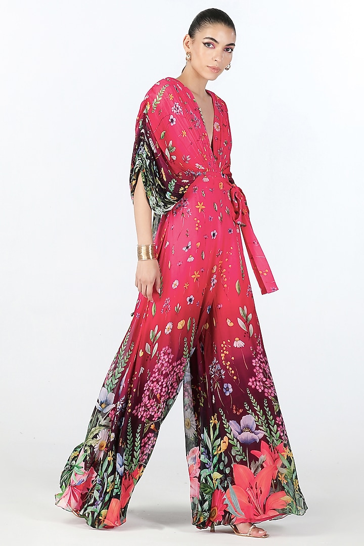 Fuchsia Georgette Hand Embroidered & Printed Jumpsuit by Limerick By Abirr N' Nanki at Pernia's Pop Up Shop