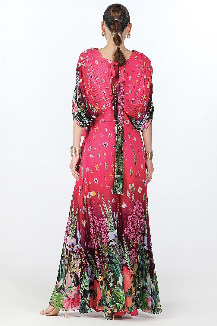 Fuchsia Georgette Hand Embroidered & Printed Jumpsuit by Limerick By Abirr N' Nanki at Pernia's Pop Up Shop