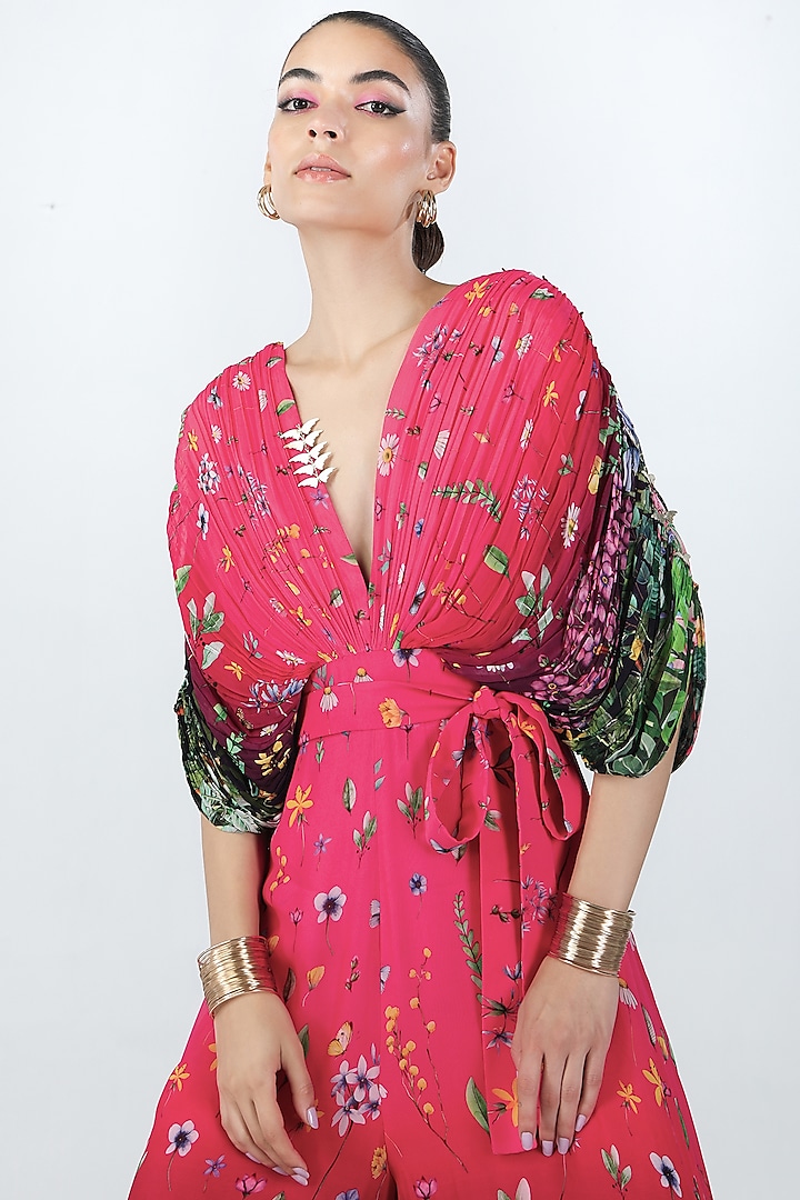 Fuchsia Georgette Hand Embroidered & Printed Jumpsuit by Limerick By Abirr N' Nanki at Pernia's Pop Up Shop
