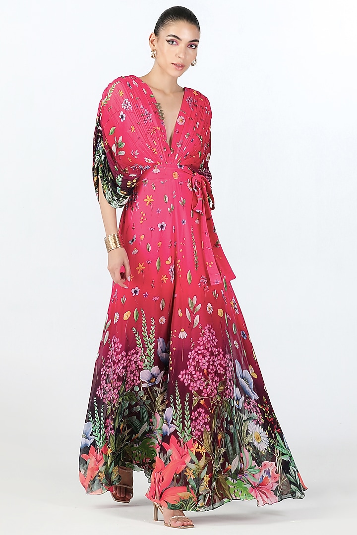 Fuchsia Georgette Hand Embroidered & Printed Jumpsuit by Limerick By Abirr N' Nanki at Pernia's Pop Up Shop