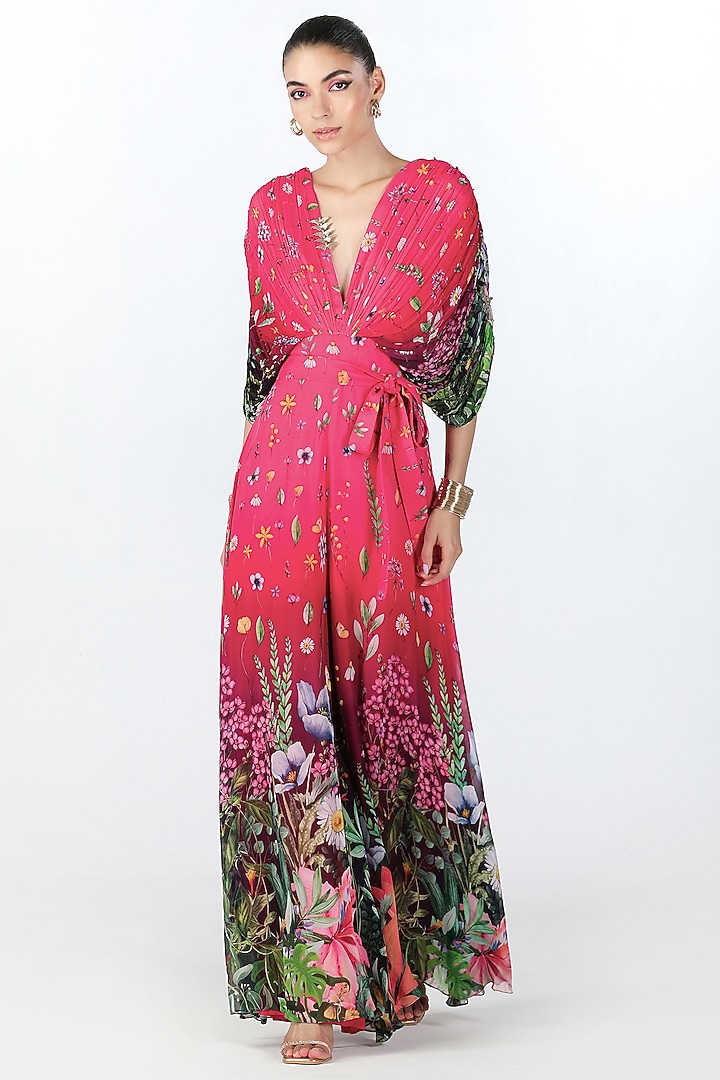 Fuchsia Georgette Hand Embroidered & Printed Jumpsuit by Limerick By Abirr N' Nanki at Pernia's Pop Up Shop