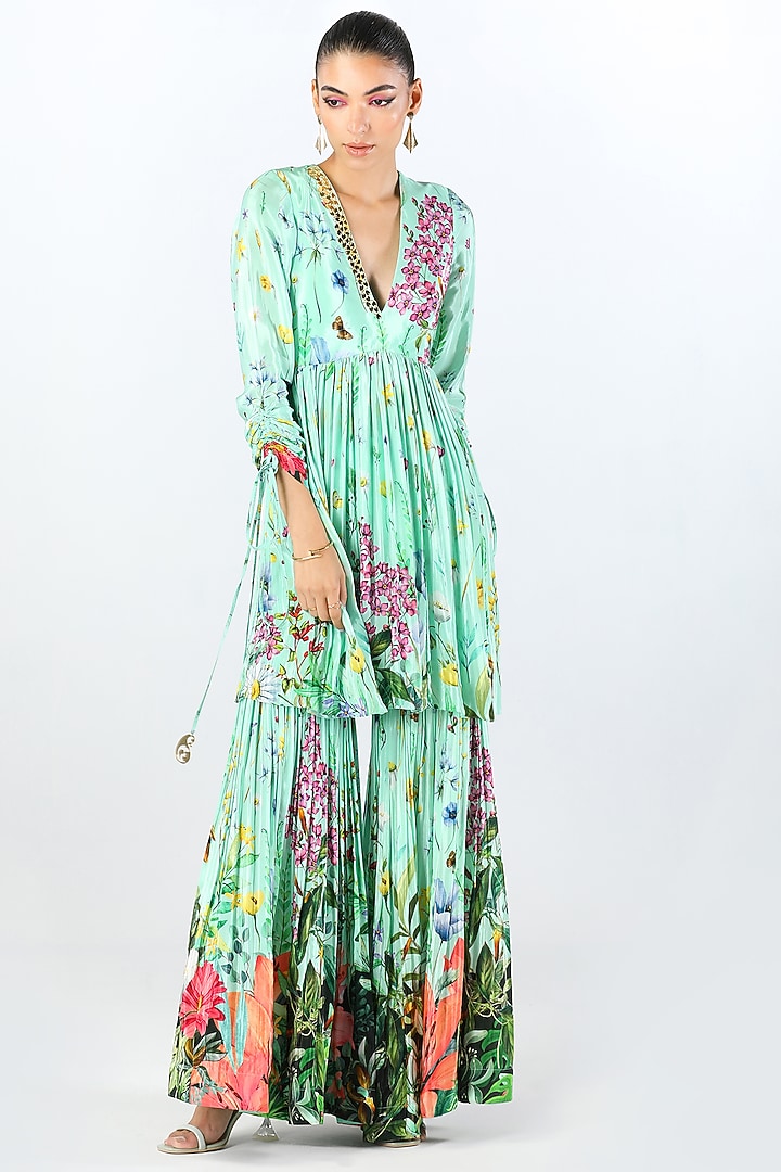 Aqua Luxe Crepe Printed Wedding Sharara Set by Limerick By Abirr N' Nanki at Pernia's Pop Up Shop