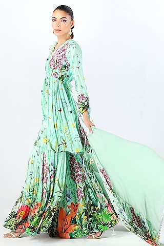 Aqua Luxe Crepe Printed Sharara Set by Limerick By Abirr N' Nanki
