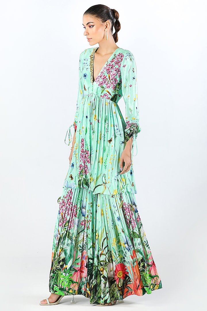 Aqua Luxe Crepe Printed Wedding Sharara Set by Limerick By Abirr N' Nanki at Pernia's Pop Up Shop