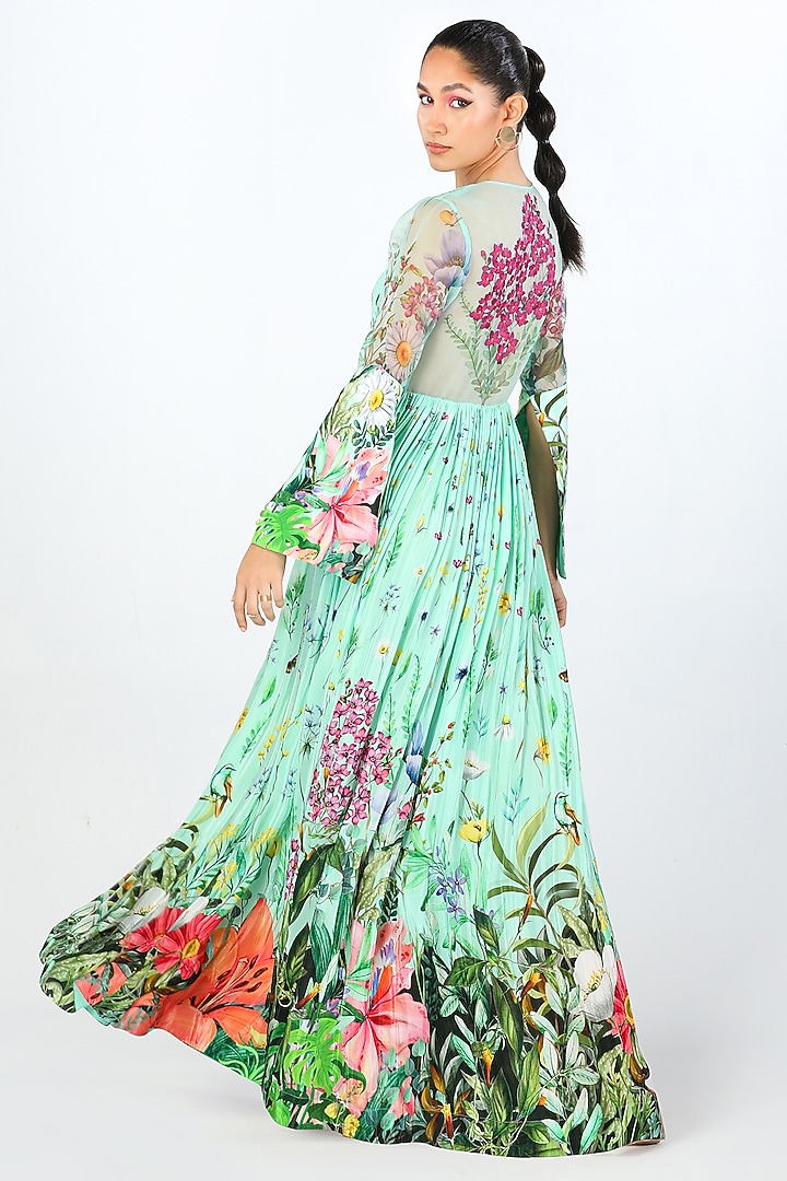 Aqua Crepe & Organza Printed & Embroidered Maxi Vacation Dress by Limerick By Abirr N' Nanki at Pernia's Pop Up Shop