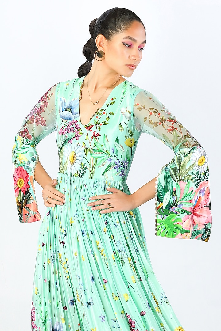 Aqua Crepe & Organza Printed & Embroidered Maxi Vacation Dress by Limerick By Abirr N' Nanki at Pernia's Pop Up Shop