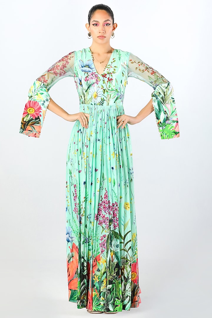 Aqua Crepe & Organza Printed & Embroidered Maxi Vacation Dress by Limerick By Abirr N' Nanki at Pernia's Pop Up Shop