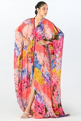 Multi-Colored Georgette Printed & Embroidered Kaftan by Limerick By Abirr N' Nanki
