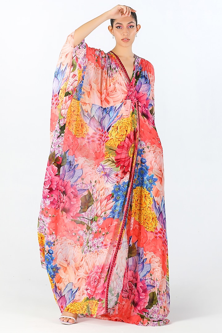 Multi-Colored Georgette Printed & Embroidered Kaftan by Limerick By Abirr N' Nanki at Pernia's Pop Up Shop