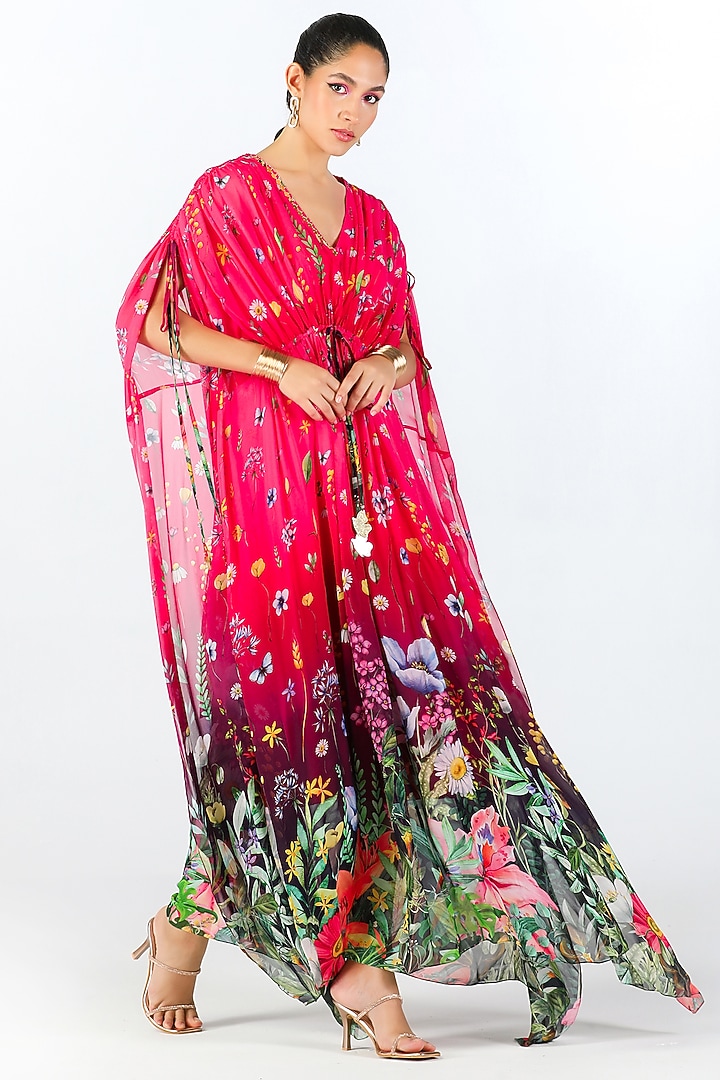 Multi-Colored Luxe Georgette Hand Embroidered & Printed Kaftan by Limerick By Abirr N' Nanki at Pernia's Pop Up Shop