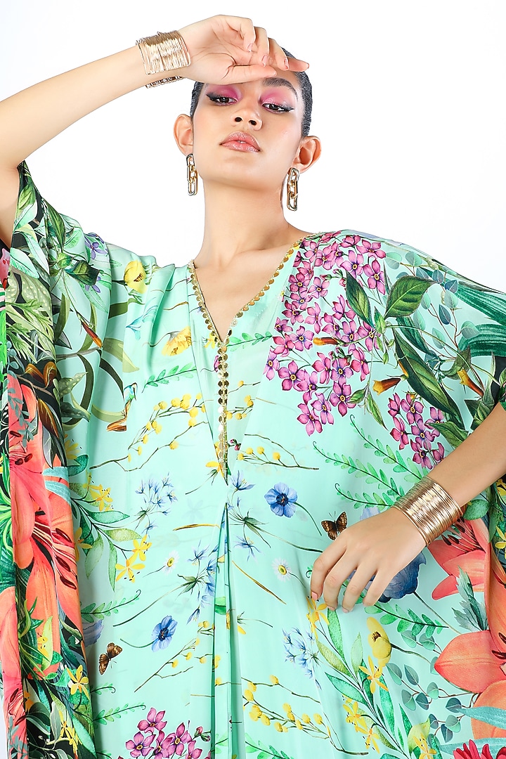 Multi-Colored Crepe Hand Embroidered & Printed Kaftan by Limerick By Abirr N' Nanki at Pernia's Pop Up Shop