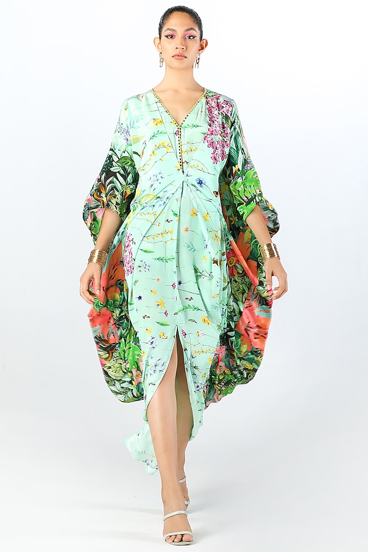 Multi-Colored Crepe Hand Embroidered & Printed Kaftan by Limerick By Abirr N' Nanki at Pernia's Pop Up Shop