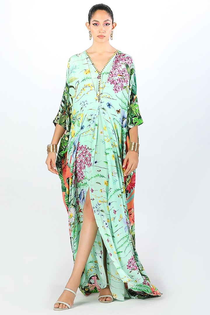 Multi-Colored Crepe Hand Embroidered & Printed Kaftan by Limerick By Abirr N' Nanki at Pernia's Pop Up Shop