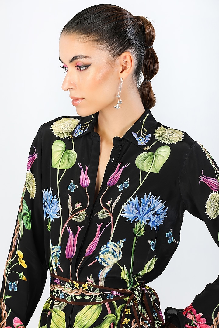 Black Crepe Embroidered & Printed Shirt by Limerick By Abirr N' Nanki at Pernia's Pop Up Shop