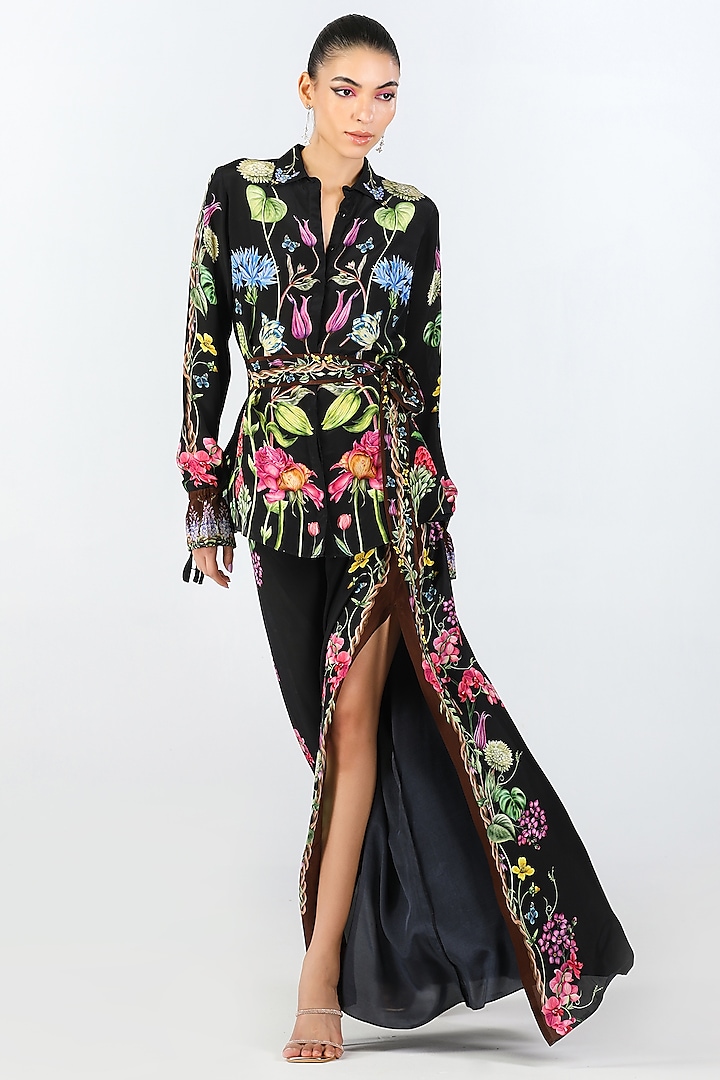Black Crepe Embroidered & Printed Shirt by Limerick By Abirr N' Nanki at Pernia's Pop Up Shop