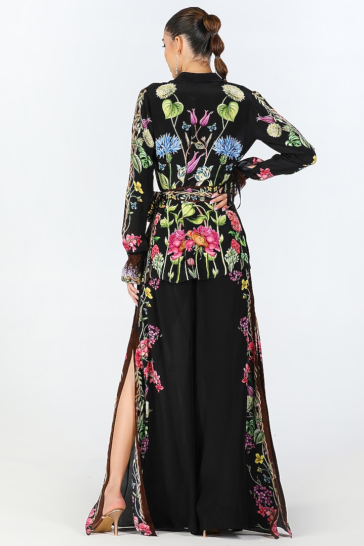 Black Crepe Placement Printed Pants by Limerick By Abirr N' Nanki at Pernia's Pop Up Shop